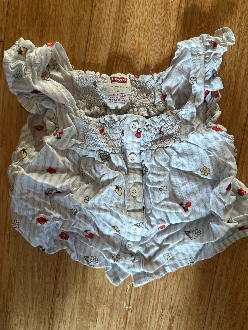 Levi's Light Blue & White Striped Baby Romper with Red & Yellow Prints